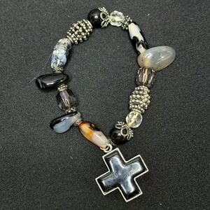 Beaded Cross Bracelet Unisex OS Black Silver Stone Goth Boho Aesthetic